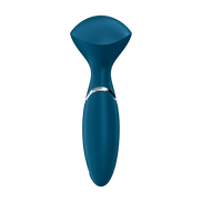 Satisfyer Mini Wand-er wand vibrator blauw, vooraanzicht met ronde massagekop en compacte handgreep op witte achtergrond