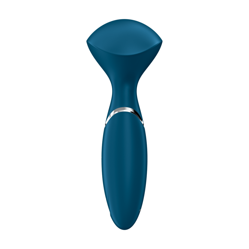 Satisfyer Mini Wand-er wand vibrator blauw, vooraanzicht met ronde massagekop en compacte handgreep op witte achtergrond