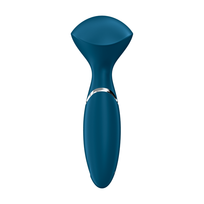 Satisfyer Mini Wand-er wand vibrator blauw, vooraanzicht met ronde massagekop en compacte handgreep op witte achtergrond