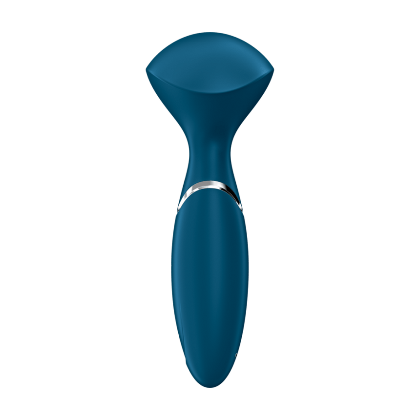 Satisfyer Mini Wand-er wand vibrator blauw, vooraanzicht met ronde massagekop en compacte handgreep op witte achtergrond
