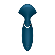 Satisfyer Mini Wand-er wand vibrator blauw, zijaanzicht met brede kop en afgeronde handgreep, studiofoto op wit