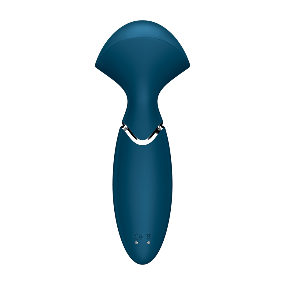 Satisfyer Mini Wand-er wand vibrator blauw, zijaanzicht met brede kop en afgeronde handgreep, studiofoto op wit