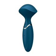 Satisfyer Mini Wand-er wand vibrator blauw, achteraanzicht van de compacte wand met bolle kop en smalle grip, studio wit