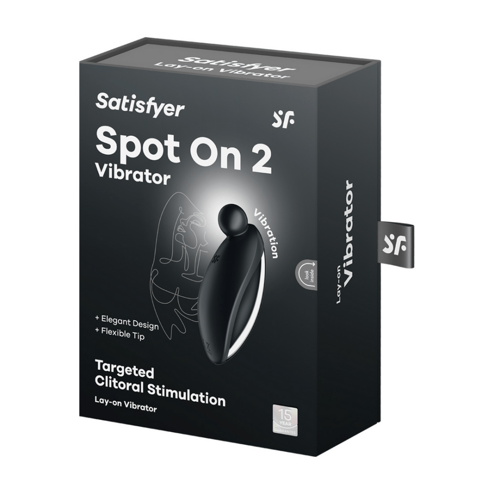 Satisfyer Spot On 2 oplegvibrator zwart, verpakking met productafbeelding en Satisfyer logo op de doos