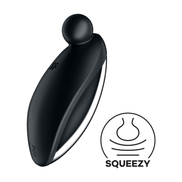 Satisfyer Spot On 2 oplegvibrator zwart, productbeeld met pictogram, glanzende afwerking en afgeronde tip