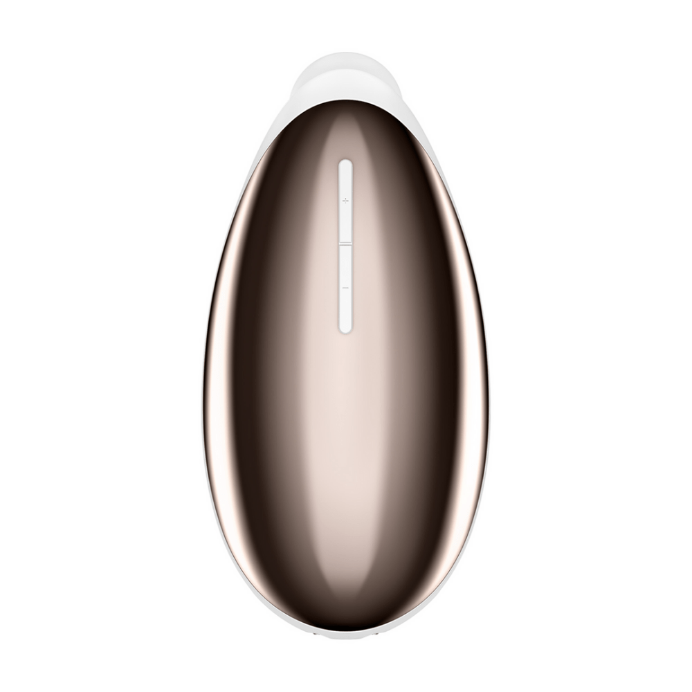 Satisfyer Spot On 2 oplegvibrator wit, vooraanzicht, ovaal design met metallic middenstrook, studio achtergrond