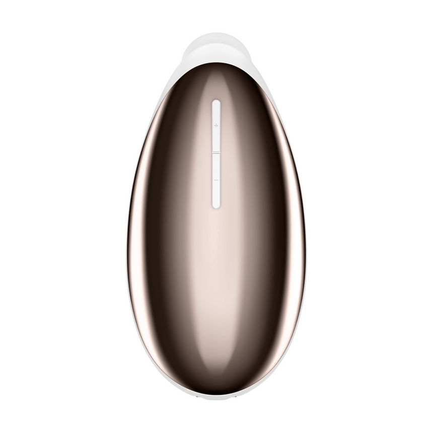 Satisfyer Spot On 2 oplegvibrator wit, vooraanzicht, ovaal design met metallic middenstrook, studio achtergrond