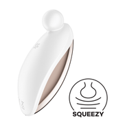 Satisfyer Spot On 2 oplegvibrator wit, productfoto met app icoon en vibratie symbool, metallic strook zichtbaar