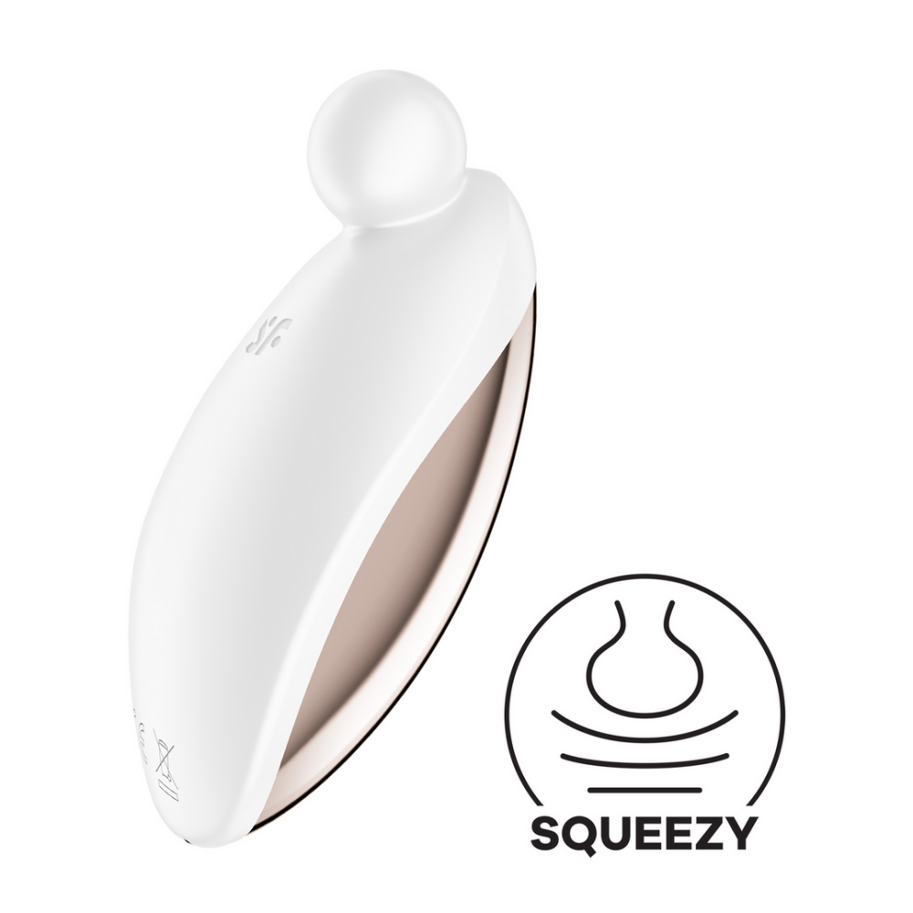 Satisfyer Spot On 2 oplegvibrator wit, productfoto met app icoon en vibratie symbool, metallic strook zichtbaar