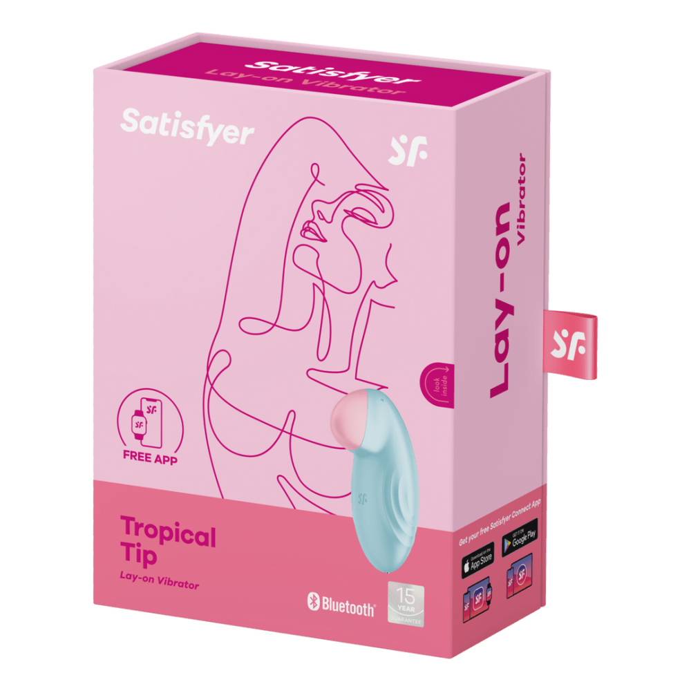 Satisfyer Tropical Tip oplegvibrator lichtblauw one size, verpakking in roze doos met lijntekening van de vibrator