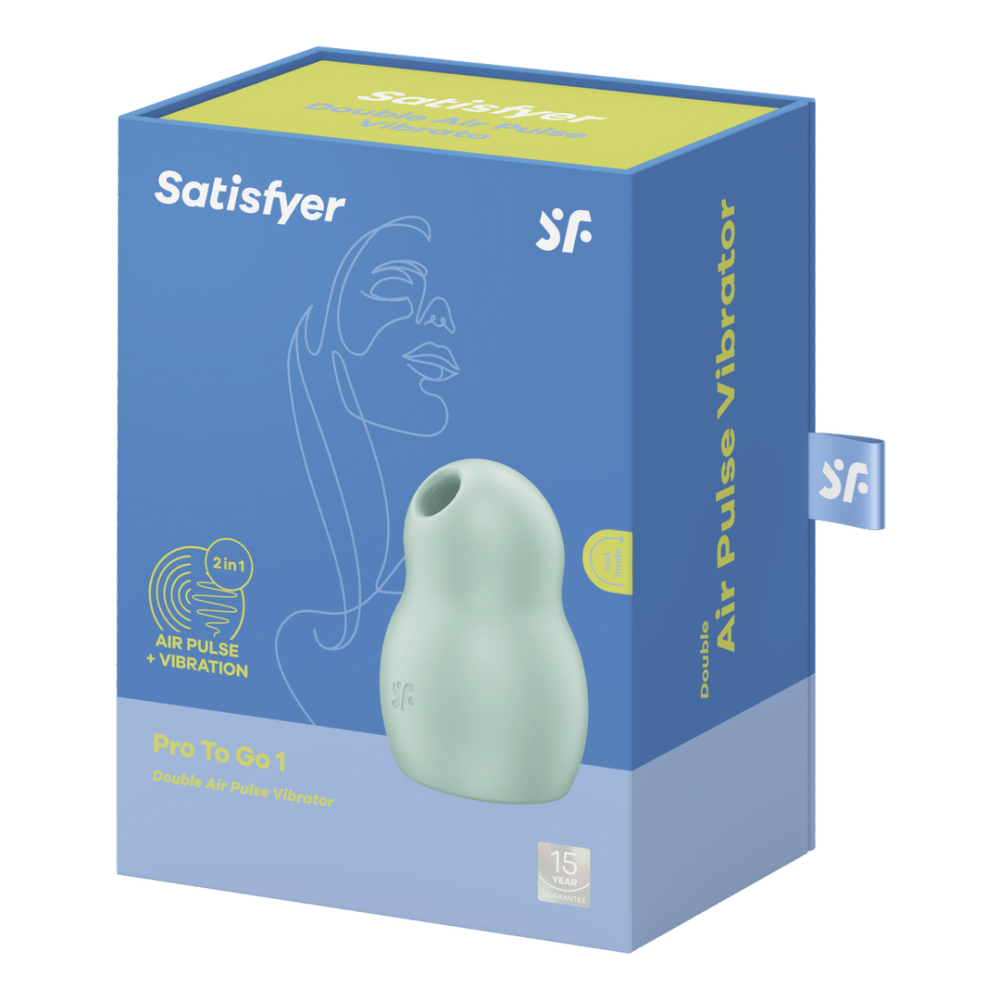 Satisfyer Pro To Go 1 air pulse vibrator mint, verpakking productdoos, paarsblauwe box met toestelafbeelding, studio