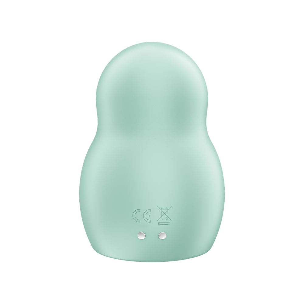 Satisfyer Pro To Go 1 air pulse vibrator mint, achteraanzicht, laadcontact onderzijde, compact reisformaat, witte achtergrond