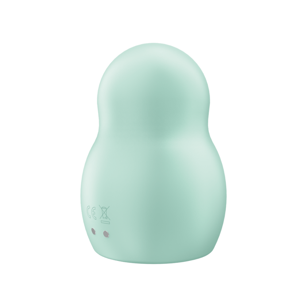 Satisfyer Pro To Go 1 air pulse vibrator mint, schuin aanzicht, drukgolfopening en bedieningsknop, Air Pulse icoon, wit
