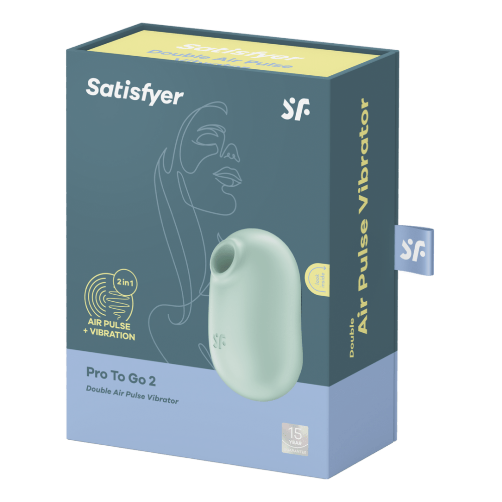 Satisfyer Pro To Go 2 Air Pulse vibrator mint one size, verpakking en doosje met modelnaam, paarsblauw design op de box