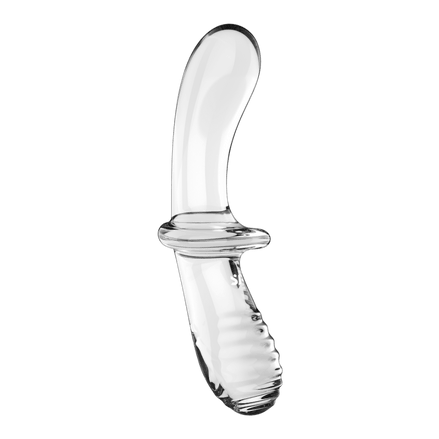 Satisfyer transparante glazen dubbele dildo schuin gefotografeerd met geribbelde steel
