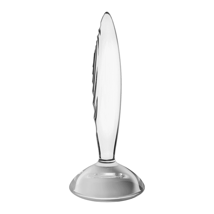 Satisfyer Sparkling Crystal buttplug van transparant glas, zijaanzicht met uitlopende voet.