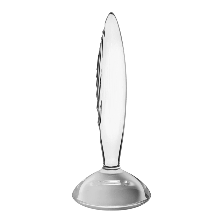 Satisfyer Sparkling Crystal buttplug van transparant glas, zijaanzicht met uitlopende voet.
