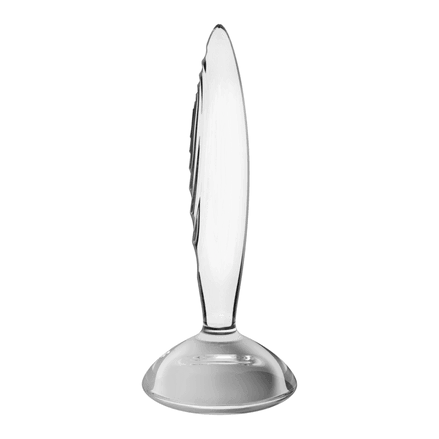 Satisfyer Sparkling Crystal buttplug van transparant glas, zijaanzicht met uitlopende voet.