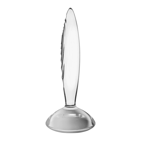 Satisfyer Sparkling Crystal buttplug van transparant glas, zijaanzicht met uitlopende voet.