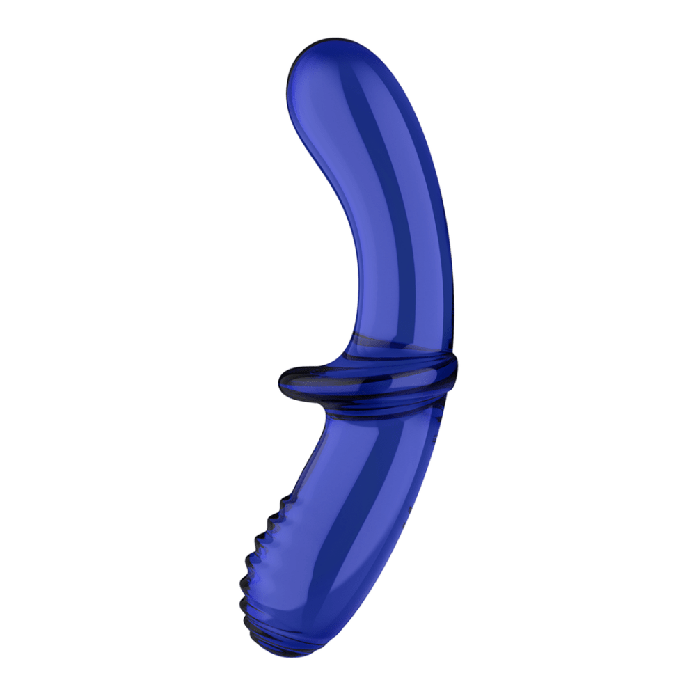 Double Crystal glazen dildo light blue, gebogen dubbelzijdig design, zijaanzicht op witte achtergrond