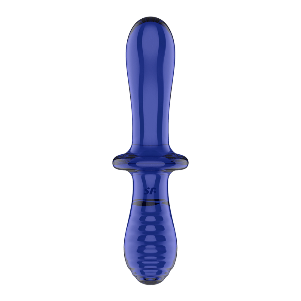 Double Crystal glazen dildo light blue, recht vooraanzicht, dubbele vorm met geribbelde handgreep