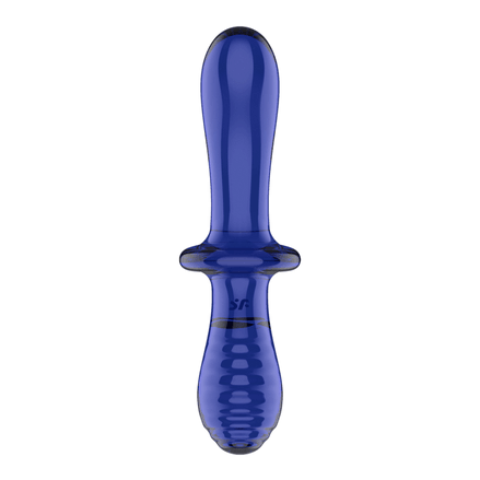 Double Crystal glazen dildo light blue, recht vooraanzicht, dubbele vorm met geribbelde handgreep