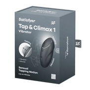 Verpakking Satisfyer Tap & Climax 1 oplegvibrator grijs, productdoos met afbeelding en Satisfyer logo
