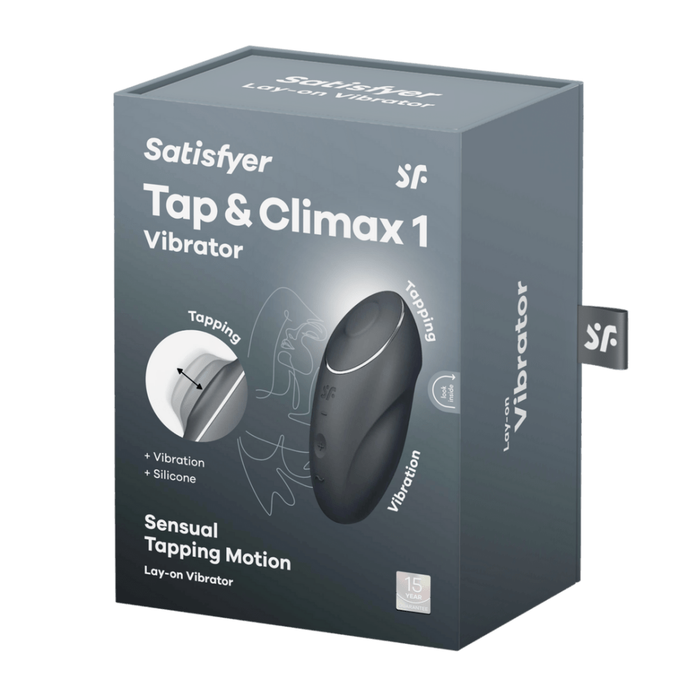 Verpakking Satisfyer Tap & Climax 1 oplegvibrator grijs, productdoos met afbeelding en Satisfyer logo