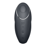 Satisfyer Tap & Climax 1 oplegvibrator grijs, vooraanzicht met ovale opening, bedienknoppen en matte siliconen look