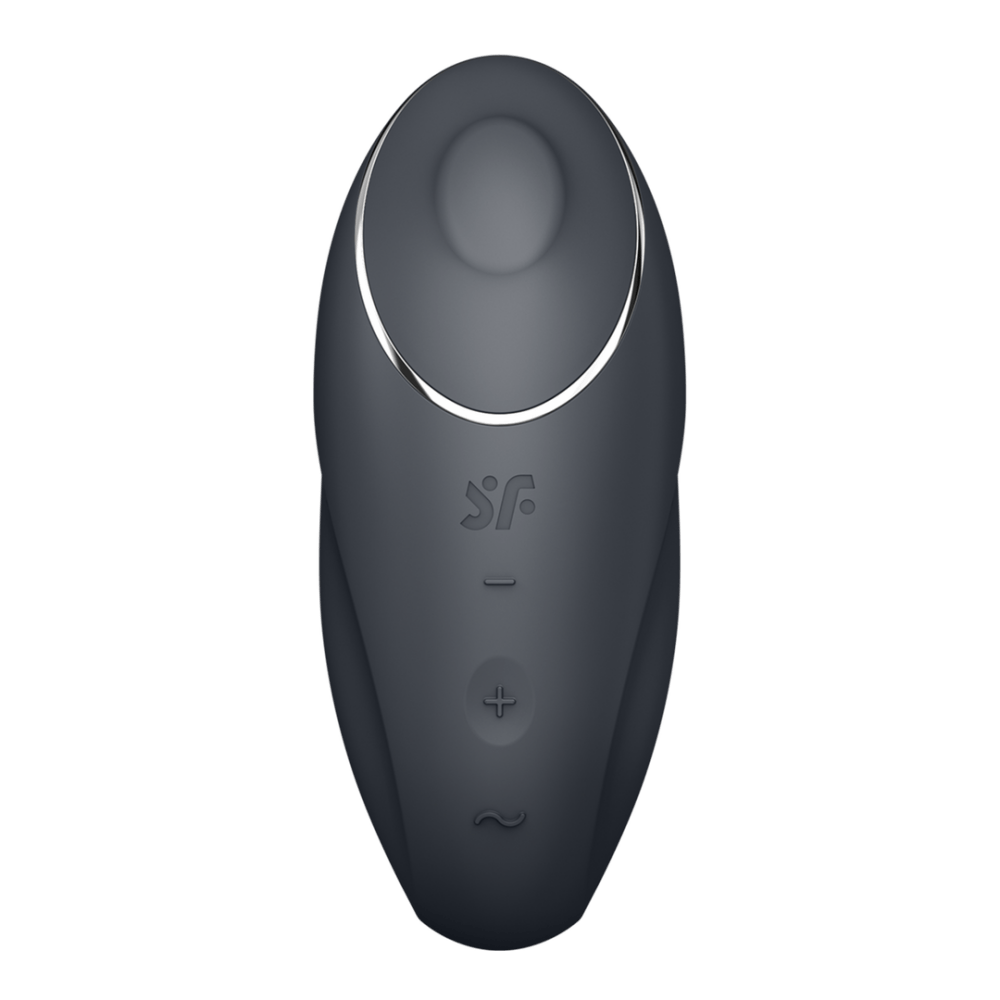 Satisfyer Tap & Climax 1 oplegvibrator grijs, vooraanzicht met ovale opening, bedienknoppen en matte siliconen look