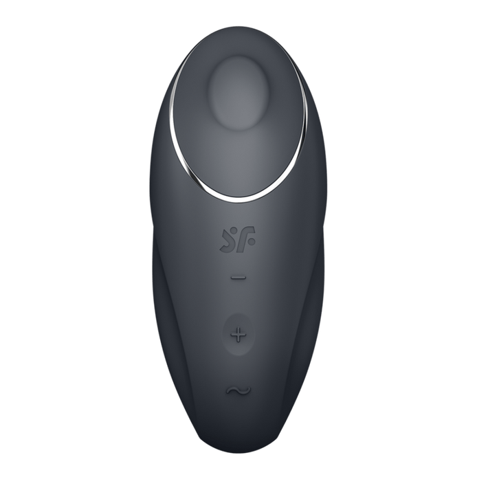 Satisfyer Tap & Climax 1 oplegvibrator grijs, vooraanzicht met ovale opening, bedienknoppen en matte siliconen look