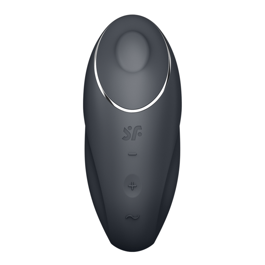 Satisfyer Tap & Climax 1 oplegvibrator grijs, vooraanzicht met ovale opening, bedienknoppen en matte siliconen look