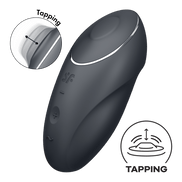 Satisfyer Tap & Climax 1 grijs, productfoto schuin met laadicoon en functiepictogrammen op witte achtergrond