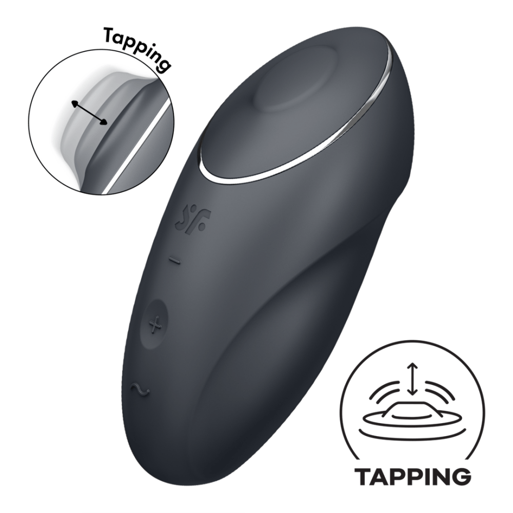 Satisfyer Tap & Climax 1 grijs, productfoto schuin met laadicoon en functiepictogrammen op witte achtergrond