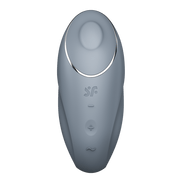 Satisfyer Tap & Climax 1 oplegvibrator blauwgrijs, vooraanzicht met opening, knoppen en matte siliconen look