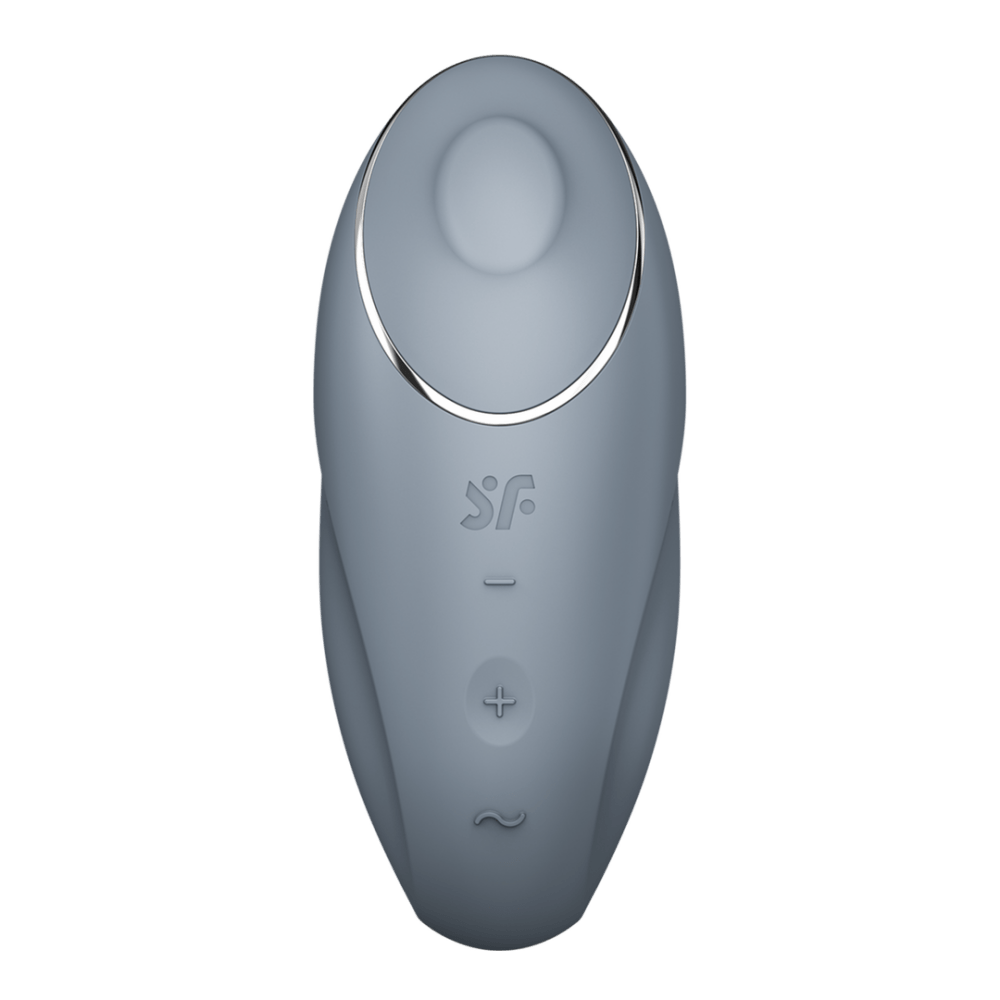 Satisfyer Tap & Climax 1 oplegvibrator blauwgrijs, vooraanzicht met opening, knoppen en matte siliconen look