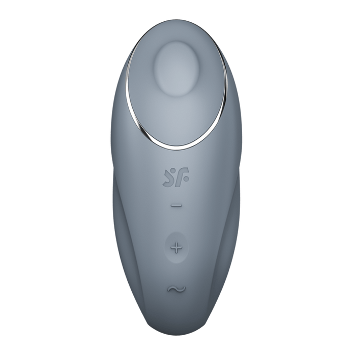 Satisfyer Tap & Climax 1 oplegvibrator blauwgrijs, vooraanzicht met opening, knoppen en matte siliconen look