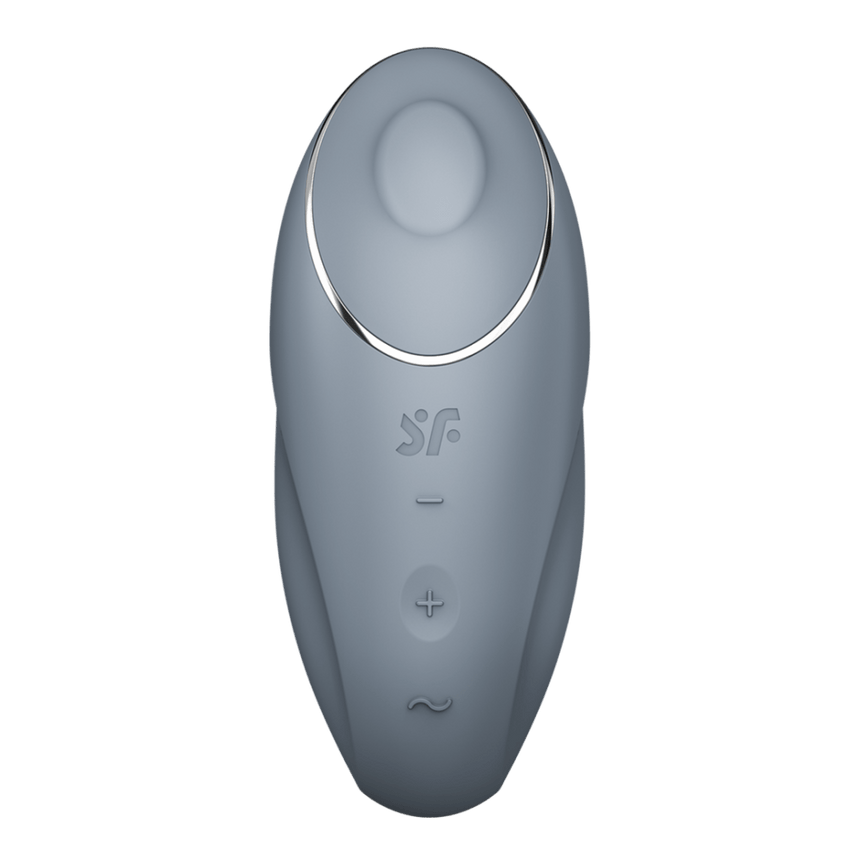 Satisfyer Tap & Climax 1 oplegvibrator blauwgrijs, vooraanzicht met opening, knoppen en matte siliconen look