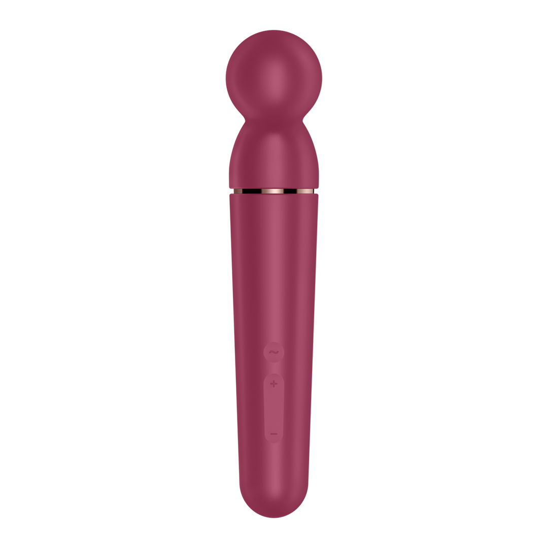 Satisfyer Planet Wand-er wand vibrator berry roségoud, achteraanzicht met slanke grip en knop