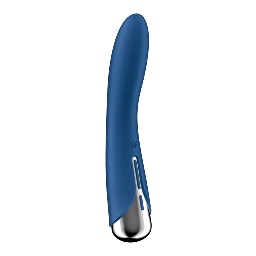 Satisfyer Spinning Vibe 1 G-spot vibrator blauw, zijaanzicht met gebogen tip en zilverkleurige basis