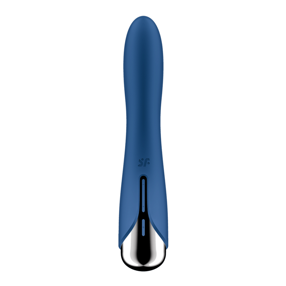 Satisfyer Spinning Vibe 1 G-spot vibrator blauw, recht vooraanzicht met zilverkleurige knop