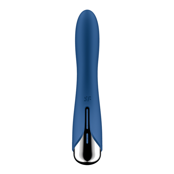 Satisfyer Spinning Vibe 1 G-spot vibrator blauw, recht vooraanzicht met zilverkleurige knop