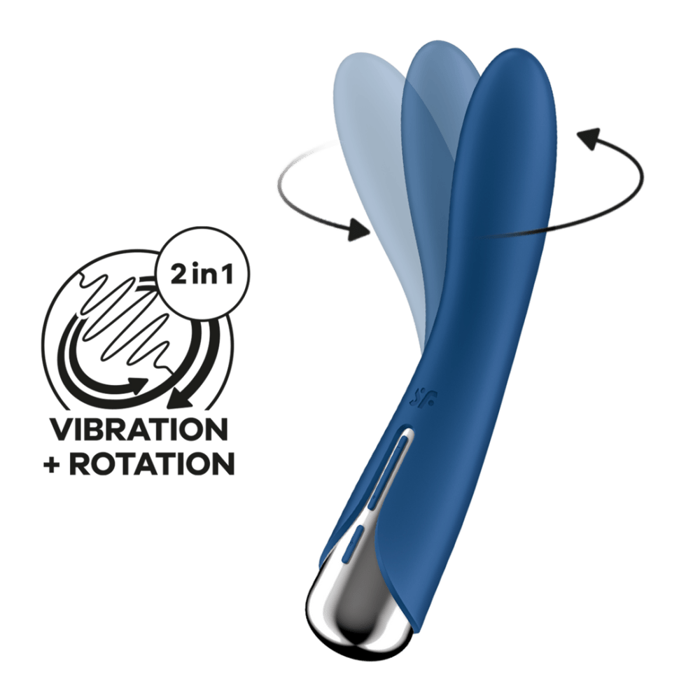 Satisfyer Spinning Vibe 1 blauw, illustratie met draaiende tip en vibratie, oplaadbaar ontwerp