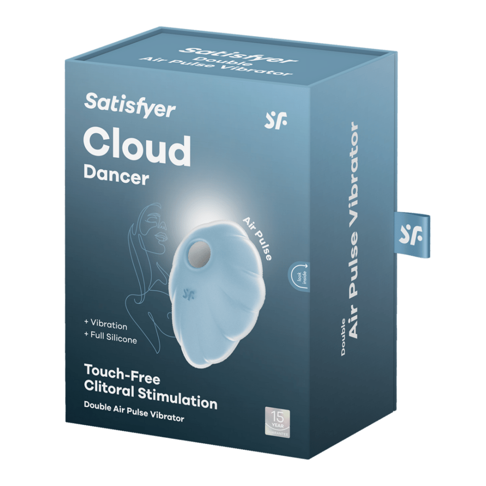 Verpakking Satisfyer Cloud Dancer, blauwe doos met productafbeelding en modelnaam, front van de box.