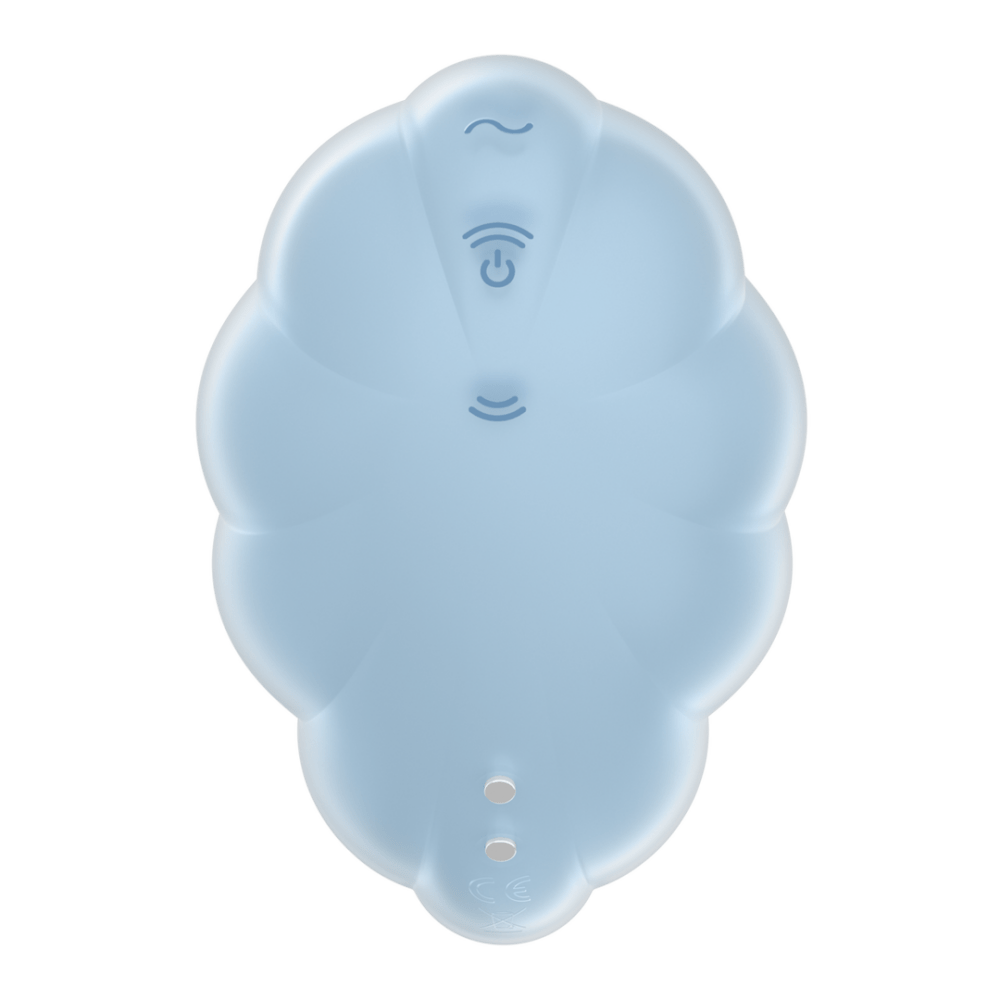 Cloud Dancer van Satisfyer in blauw, achteraanzicht met bedieningsknoppen en oplaadcontacten, productfoto.