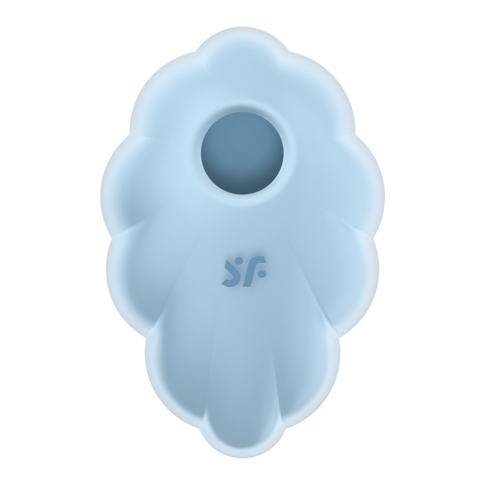 Satisfyer Cloud Dancer air pulse vibrator blauw, vooraanzicht met ronde opening en zacht golvend design.