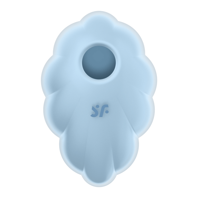 Satisfyer Cloud Dancer air pulse vibrator blauw, vooraanzicht met ronde opening en zacht golvend design.