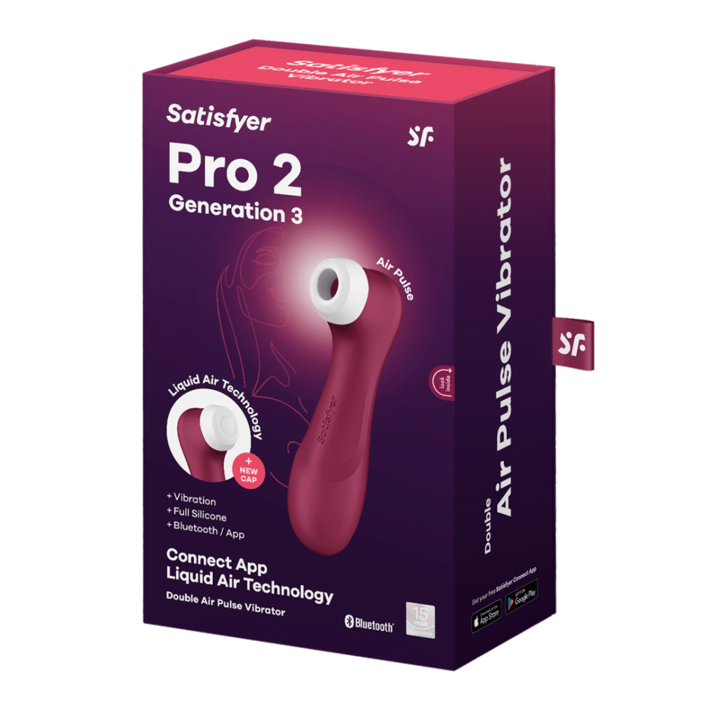 Verpakking Satisfyer Pro 2 Gen 3 air pulse vibrator wijnrood, productdoos met afbeelding van het toestel