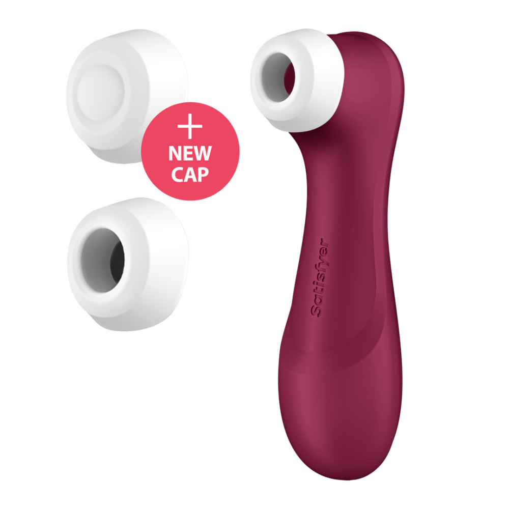 Satisfyer Pro 2 Gen 3 wijnrood met drie opzetstukken, luchtstimulatie set op witte achtergrond