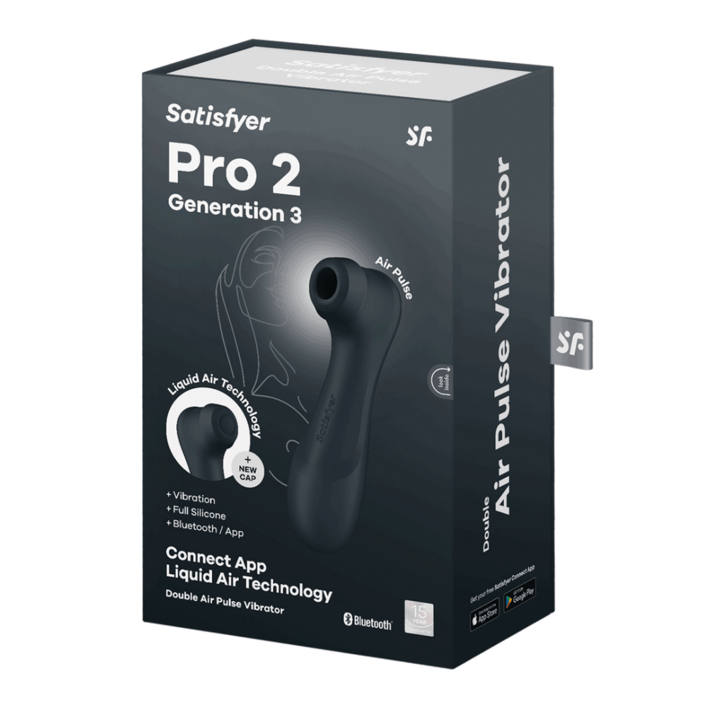 Verpakking Satisfyer Pro 2 Gen 3 air pulse vibrator zwart, zwarte productdoos met foto van het toestel